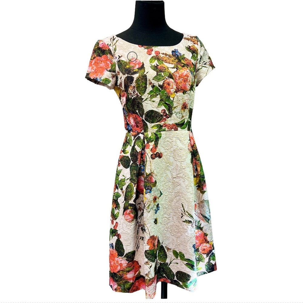 Adrianna Papell Floral Cream and Gold Dress Size 6